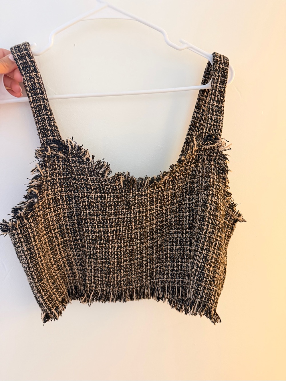 Anthropologie Black & Cream Frayed Tweed Crop Top